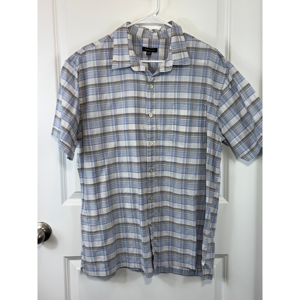 Van Heusen Mens XL Short‎ Sleeve Button Down Shirt Blue Plaid Cotton Dadcore VTG